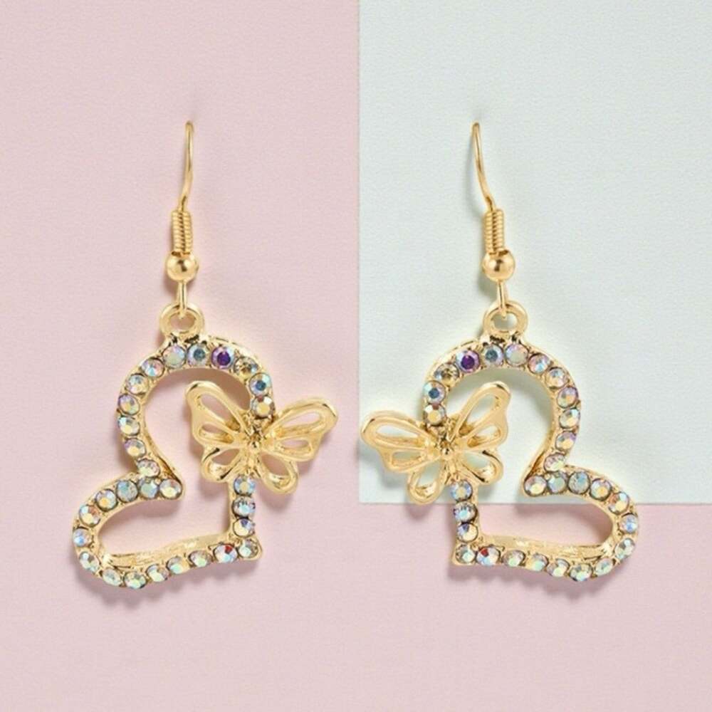 Fashion Heart Rhinestone Drop Earrings Butterfly Heart Elegant Jewelry